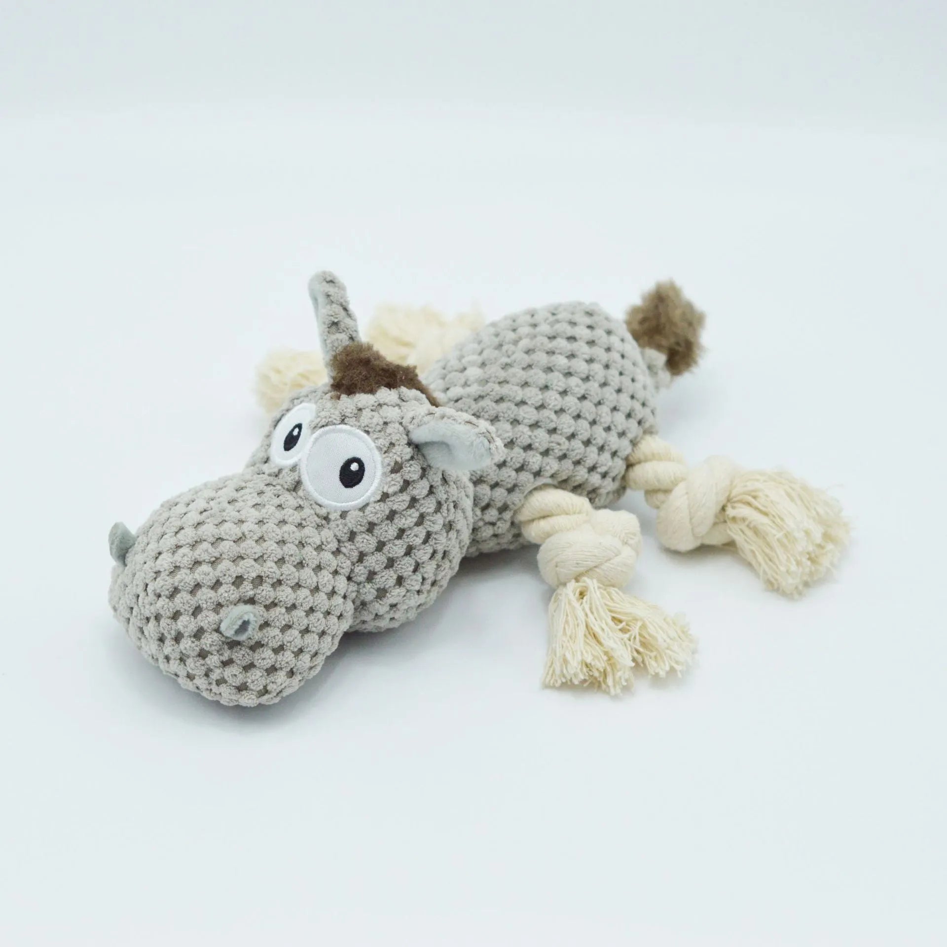 Grey plush donkey dog toy with squeaker measuring 27cm long