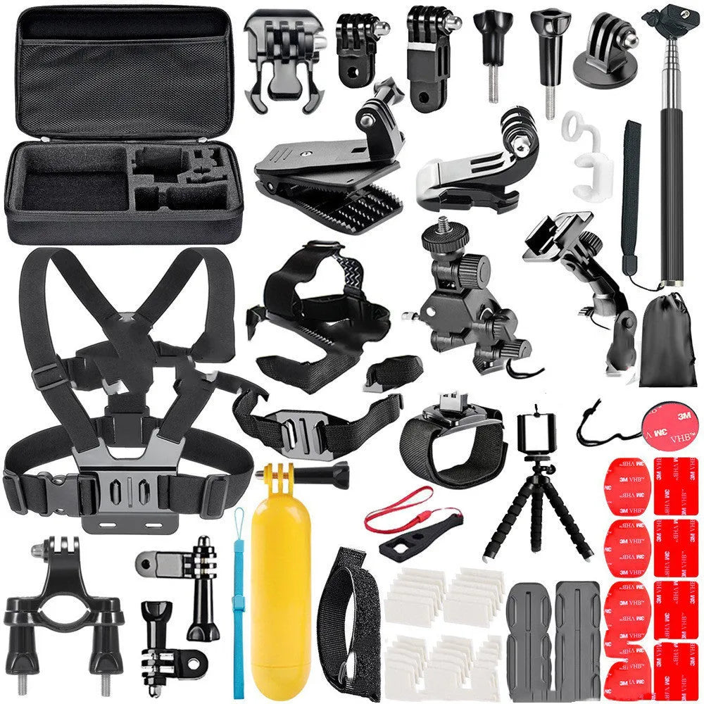 Black GoPro camera chest strap, helmet mount clip, and tripod stand accessory set.