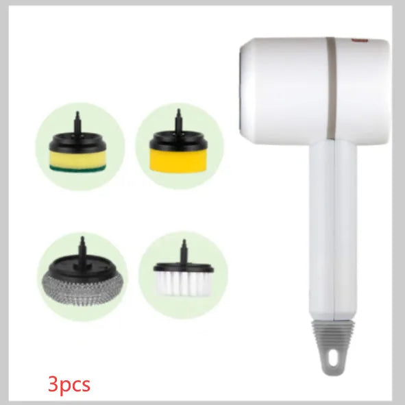 White rechargeable electric cleaning brush with multiple scrubber heads on a kitchen worktop.