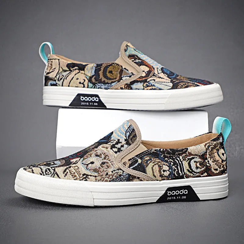 Canvas slip-on sneakers in khaki, grey green, or black with vulcanised rubber sole.