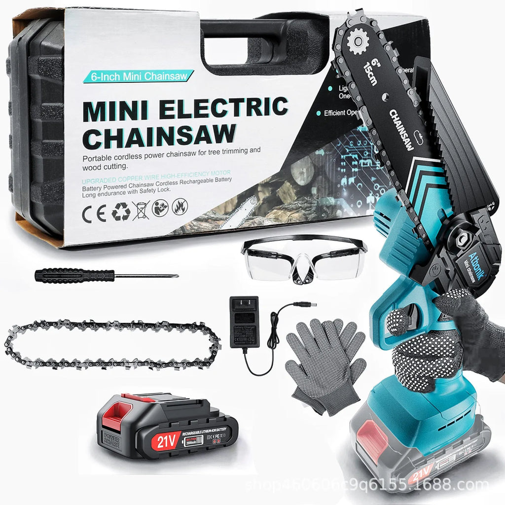 Handheld electric chainsaw with 6-inch chain, two batteries, safety goggles, gloves, and storage box