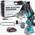Handheld electric chainsaw with 6-inch chain, two batteries, safety goggles, gloves, and storage box