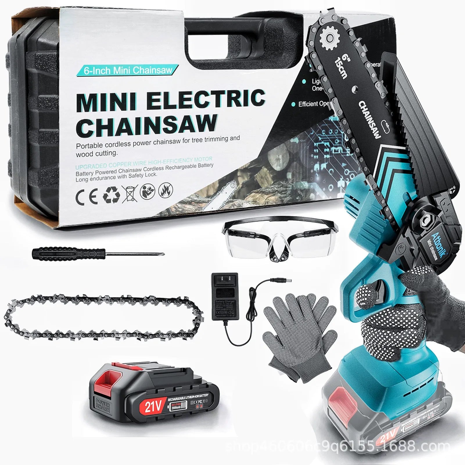Handheld electric chainsaw with 6-inch chain, two batteries, safety goggles, gloves, and storage box