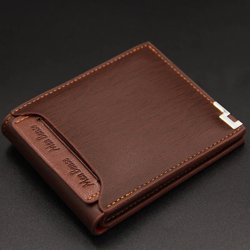 Men's black PU leather short wallet showing iron-edge card-picking slots and phone compartment.
