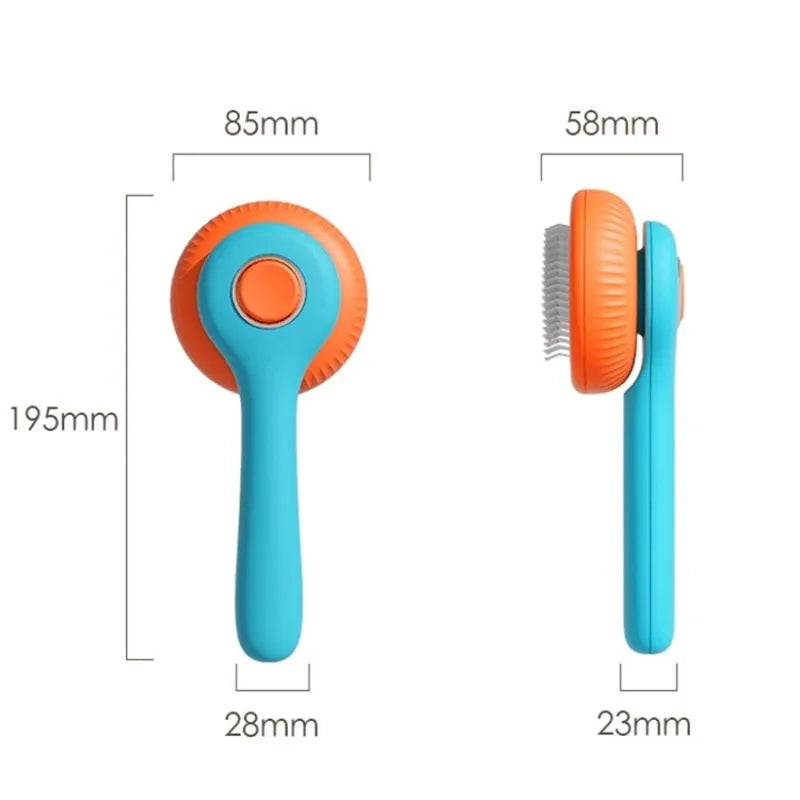 Blue and white self-cleaning pet grooming brush for removing tangled hair and loose fur from cats and dogs.