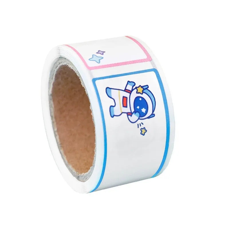 Roll of colourful cartoon name tape stickers showing Dinosaur, Astronaut, Rabbit, and Girl designs
