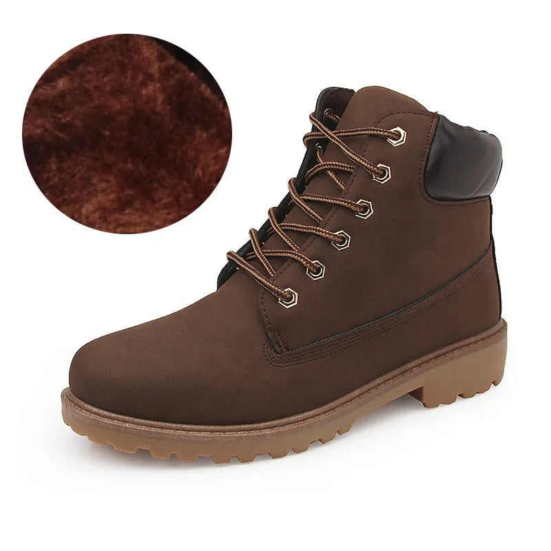 Men's pink high-top Martin boots with velvet lining, flat sole, and round toe.