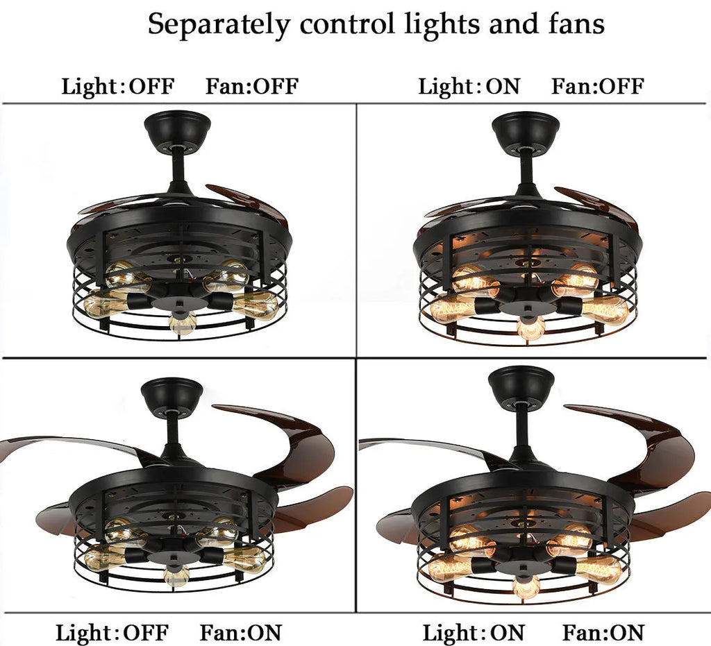 American retro industrial style invisible ceiling fan lamp with light, 42 inch size with acrylic blades.