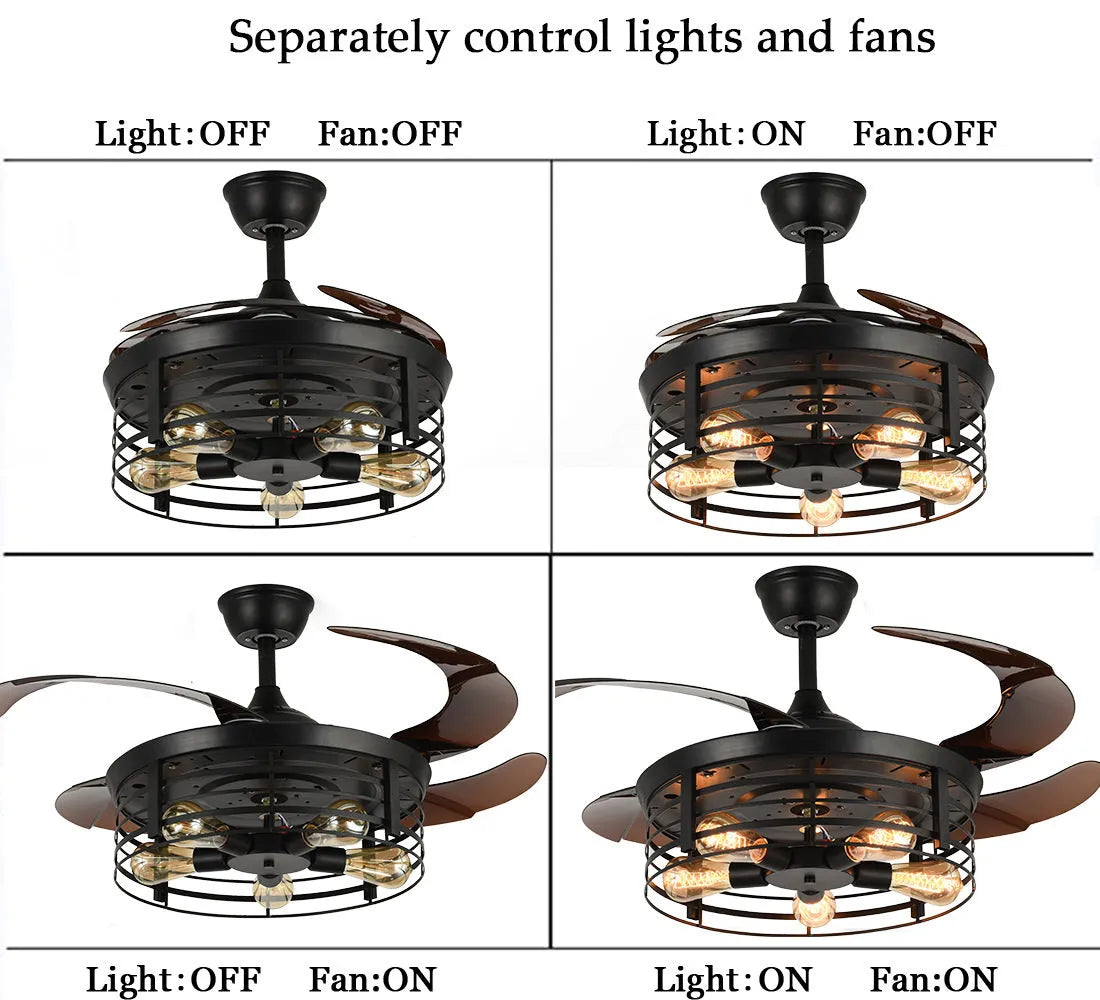 American retro industrial style invisible ceiling fan lamp with light, 42 inch size with acrylic blades.