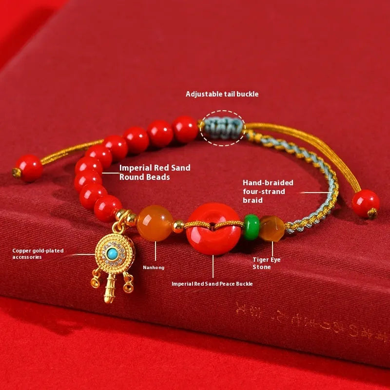 Women's cinnabar peace buckle bracelet in emperor red sand colour with hand-woven national style geometry design