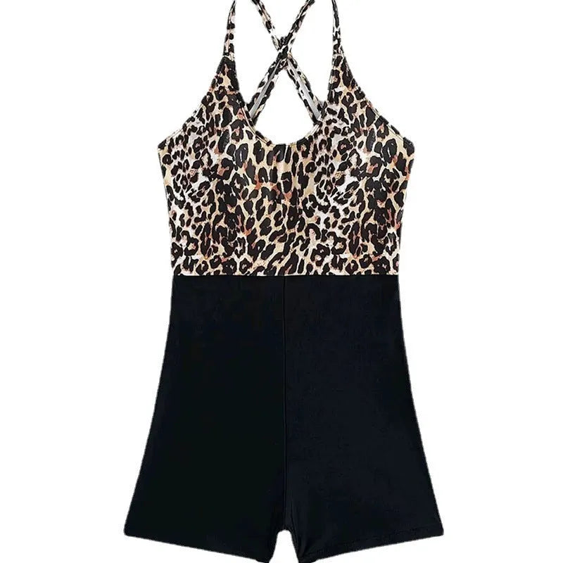 Women's one-piece swimsuit with leopard print, cross lace-up front, and slimming hip design
