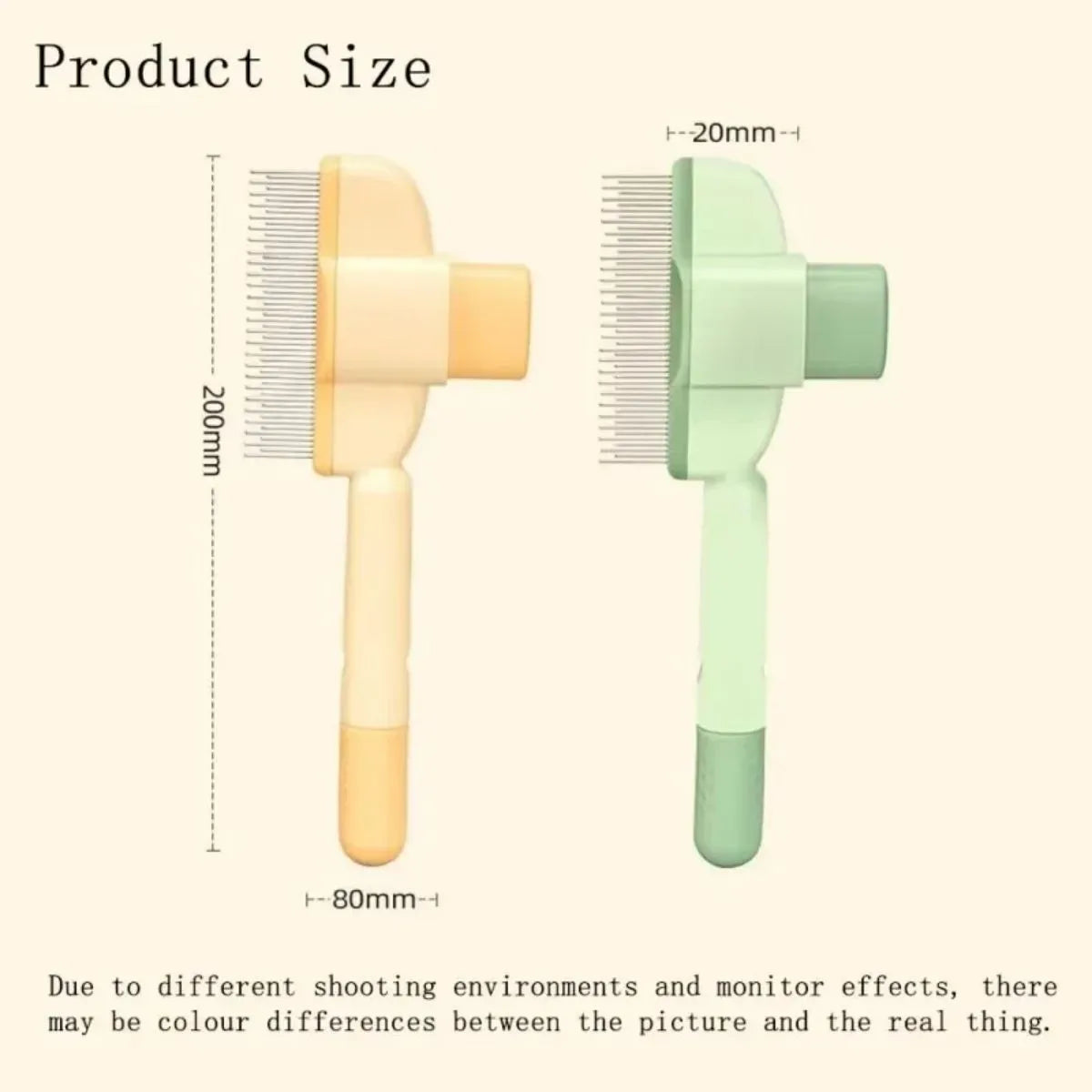 Green and yellow dog grooming brush with one-click hair removal and pressure adjustment features