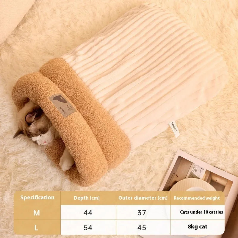 Brown semi-enclosed plush pet sleeping bag for cats on a wooden floor