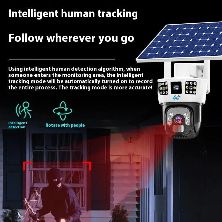 Solar-powered binocular surveillance camera with integrated solar panel and three-screen display