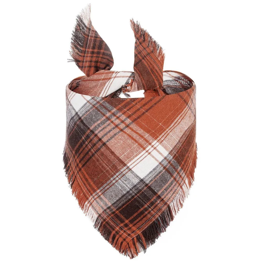 Plaid triangle dog bandana with tassels in autumn colours on a dog's neck.