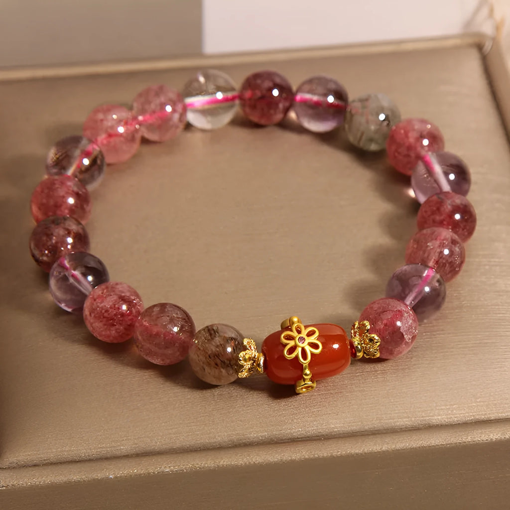 Natural Super Seven crystal bracelet with White Crystal and Red Agate beads in Cartoon style