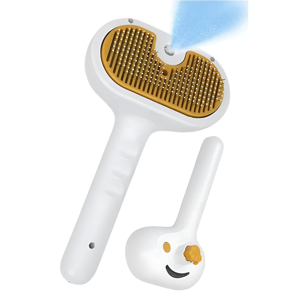 White pet grooming brush with water tank and gentle steel teeth for dogs and cats.