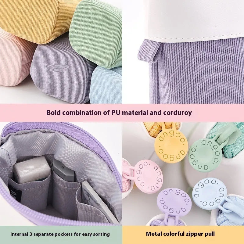 Korean style drop-down telescopic stationery case in PU corduroy, shown in one of six colours.