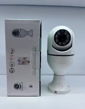 White wireless bulb security camera with a lens, shown next to a scale indicating its 5cm by 12cm dimensions.