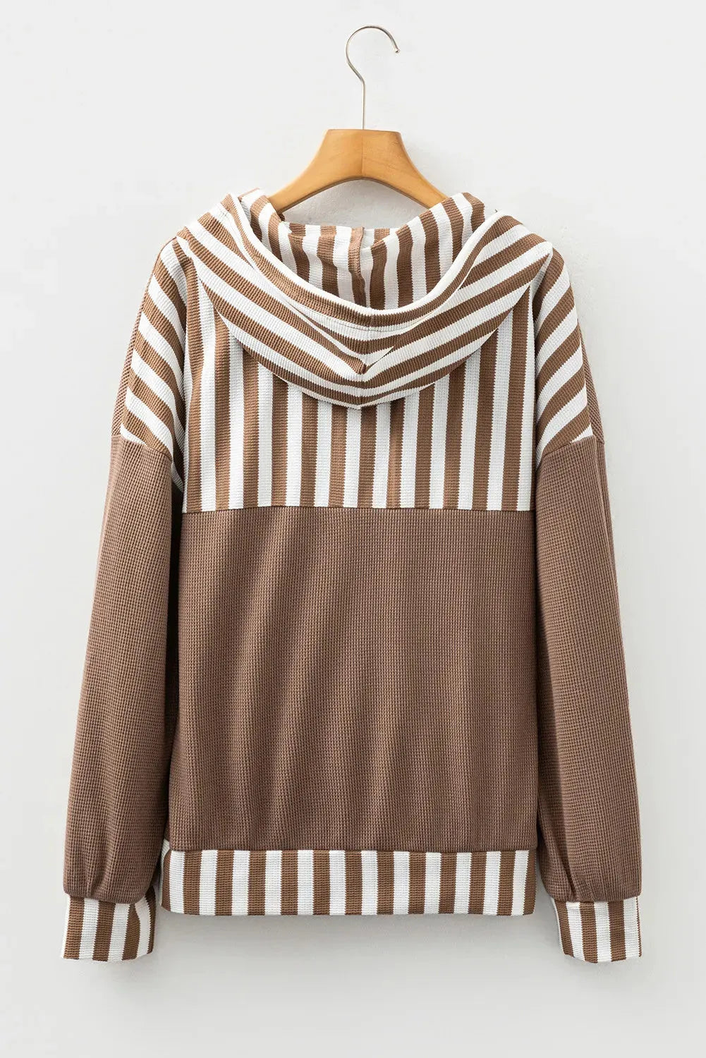 Straw yellow waffle texture striped patchwork hoodie with a button neck and drawstring hood.