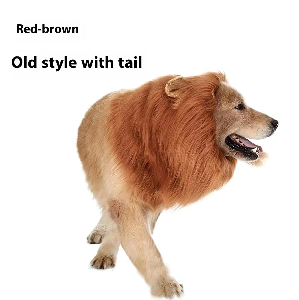 Dog wearing a brown lion headdress costume wig with a full mane and elastic neckband