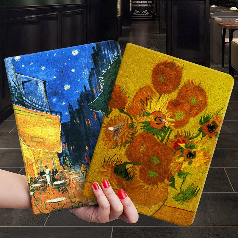 Handmade liquid silicone iPad flip case in apricot flower colour on a table
