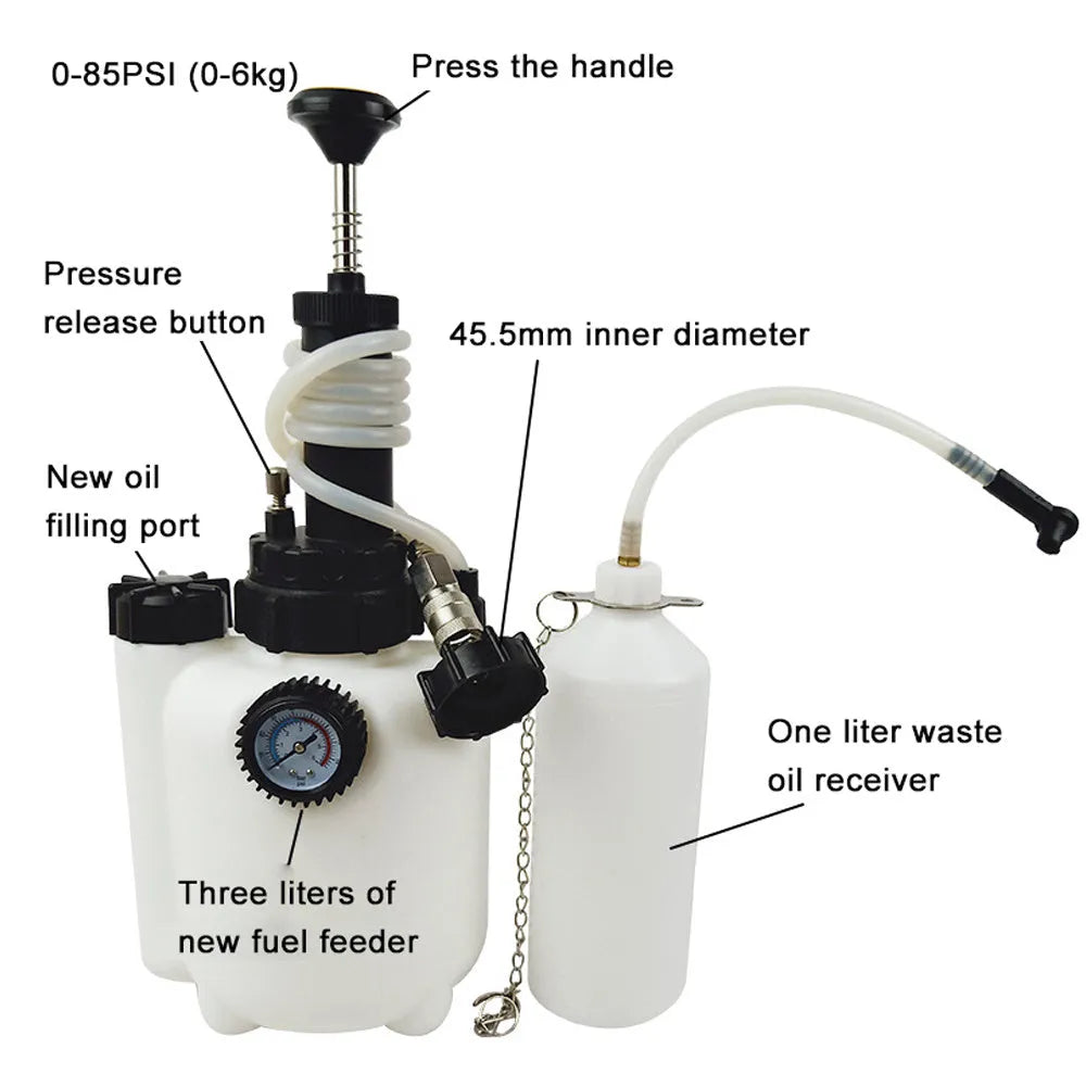 White 3L brake oil tank replacement tool with plastic reservoir and metal components for car maintenance