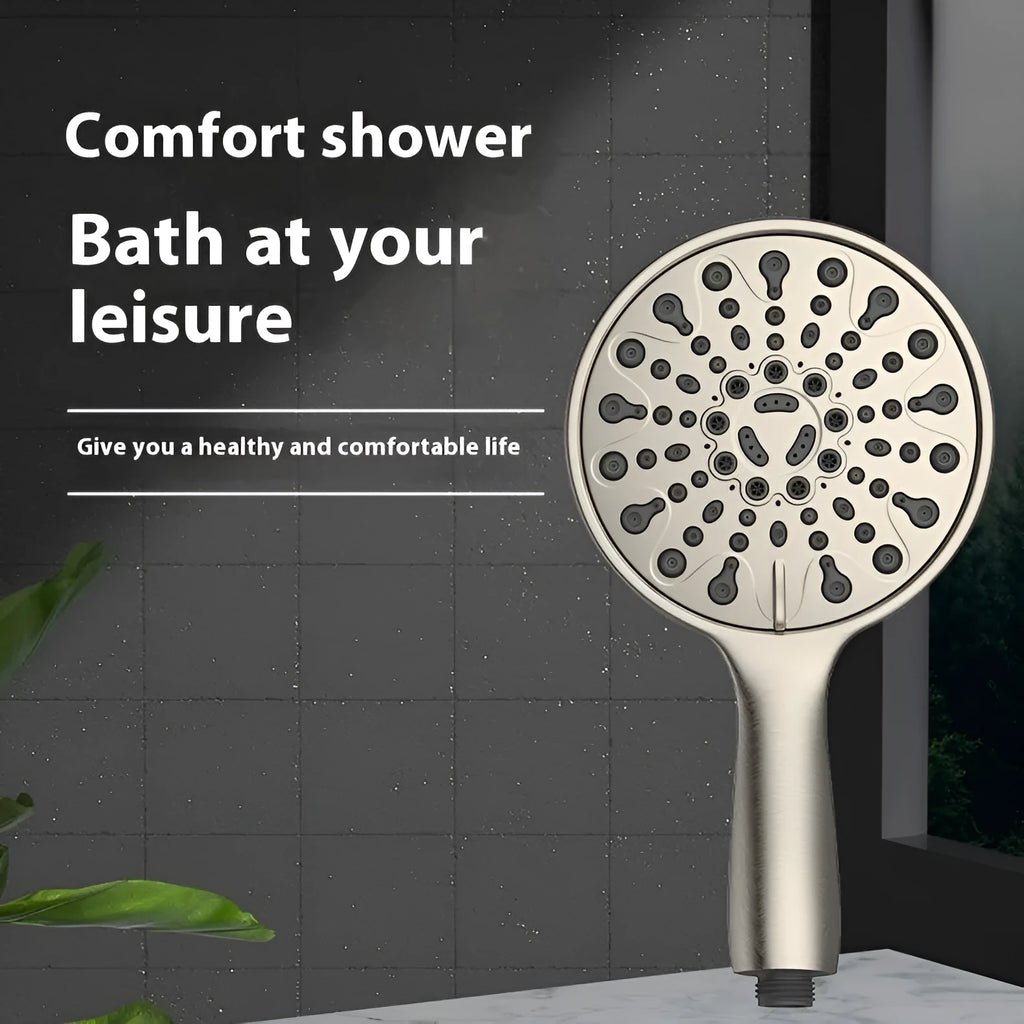 Chrome six-function handheld shower head with 6-inch faceplate on a white background.