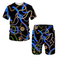 Chain pattern digital printed short sleeve T-shirt and shorts suit set in polyester fabric