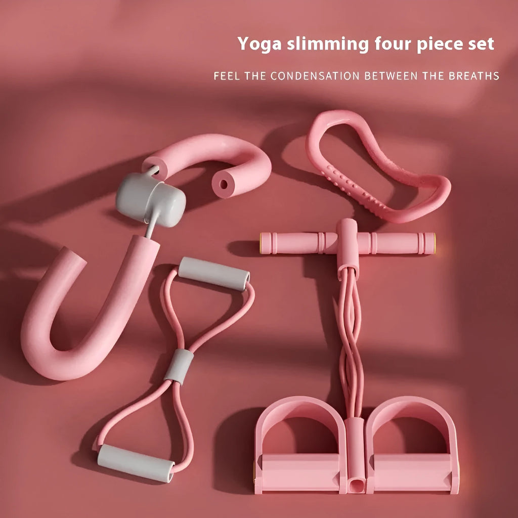 Yoga four-piece fitness set showing leg stretcher, yoga ring, pedal puller, and figure eight tension rope