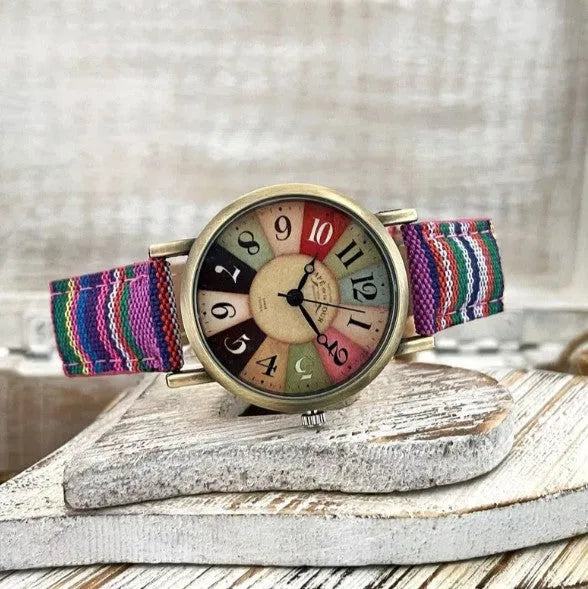 Ladies watch with rainbow pattern multicolor dial and antique bronze metal case on woven PU leather strap