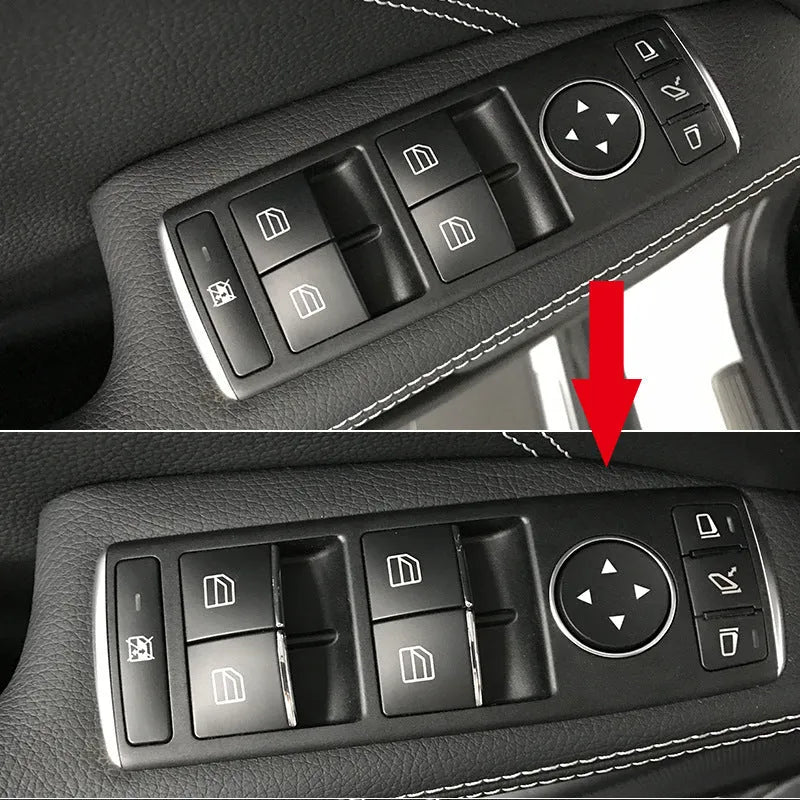 Black glitter decorative sticker for car window lift button panel on door.
