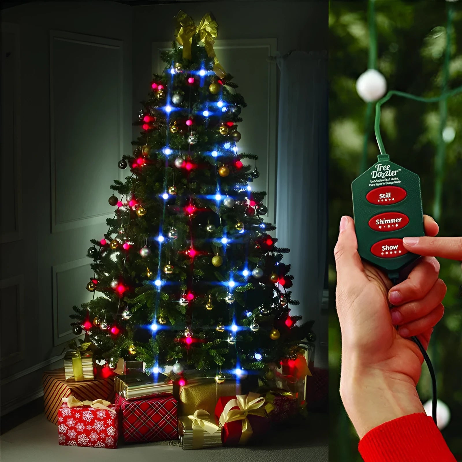 64 LED bead Christmas tree light string with button controller on a 1.8-metre cable.