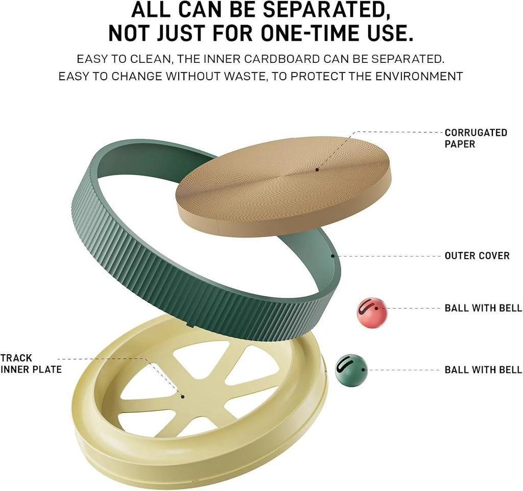 Large circular green cat scratching board with built-in ball toys and a replaceable cardboard core.