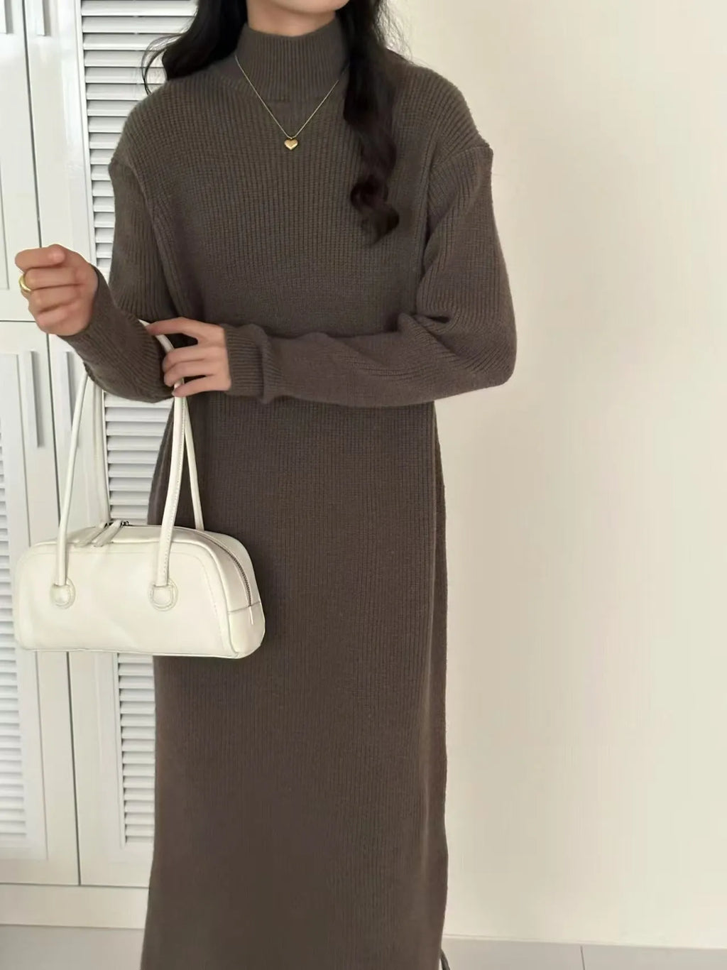 Half turtleneck acrylic knitted dress in khaki colour with high waist and midi length