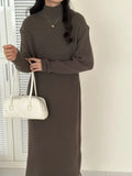 Half turtleneck acrylic knitted dress in khaki colour with high waist and midi length