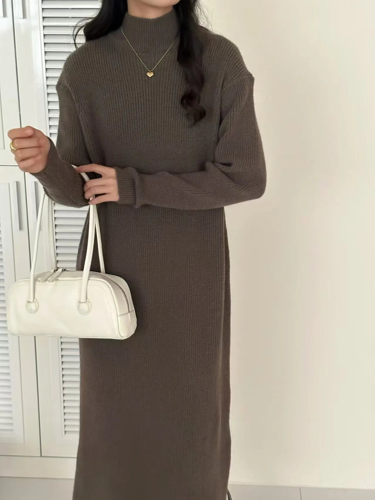 Half turtleneck acrylic knitted dress in khaki colour with high waist and midi length