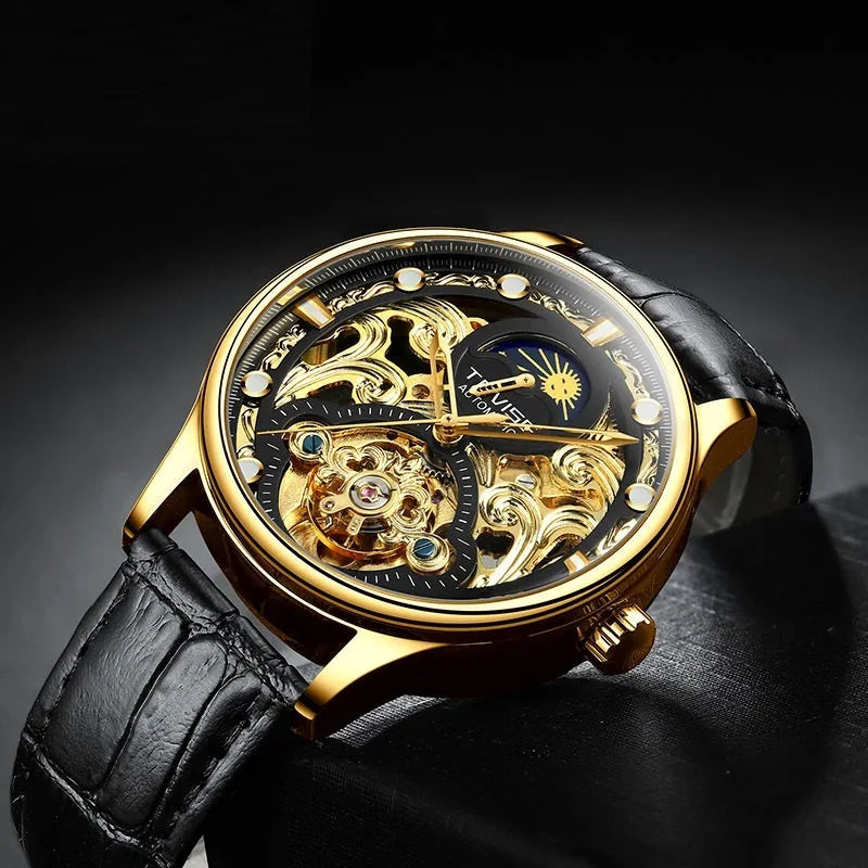 Men's gold leather automatic mechanical watch with waterproof case on wrist.