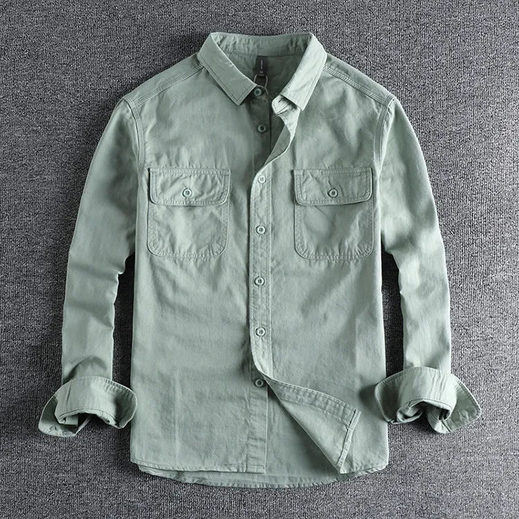 Men's loose long sleeve cardigan shirt in light grey, black, khaki, or green.