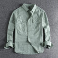 Men's loose long sleeve cardigan shirt in light grey, black, khaki, or green.