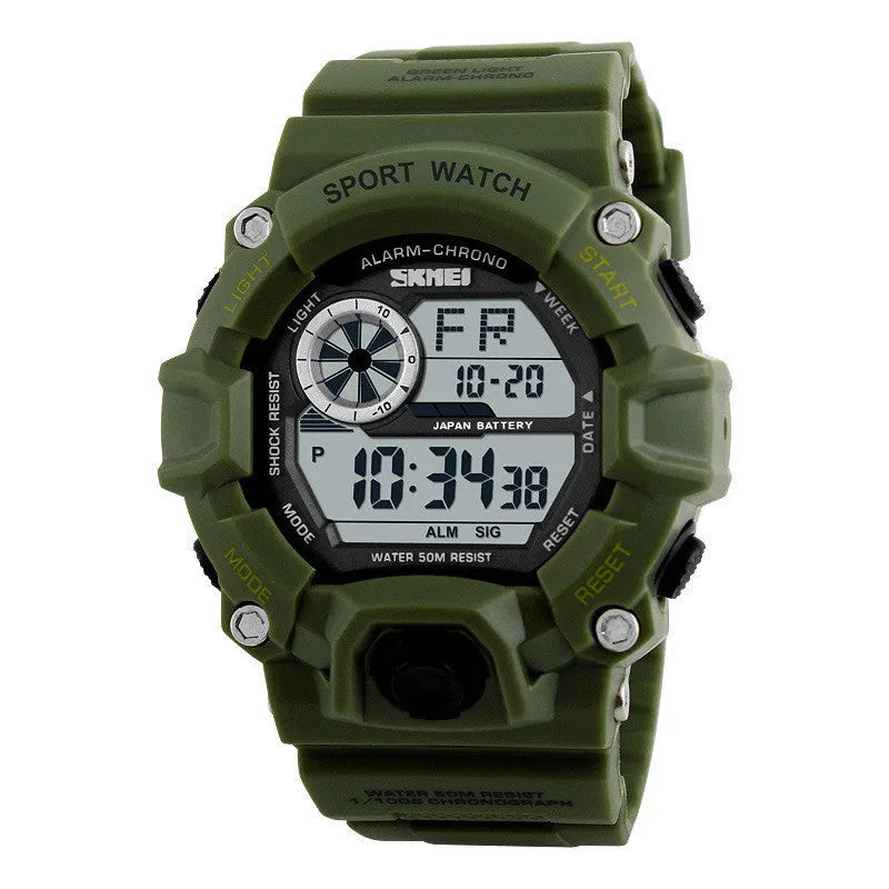 Waterproof electronic sports watch with round dial, plastic strap and five colour options