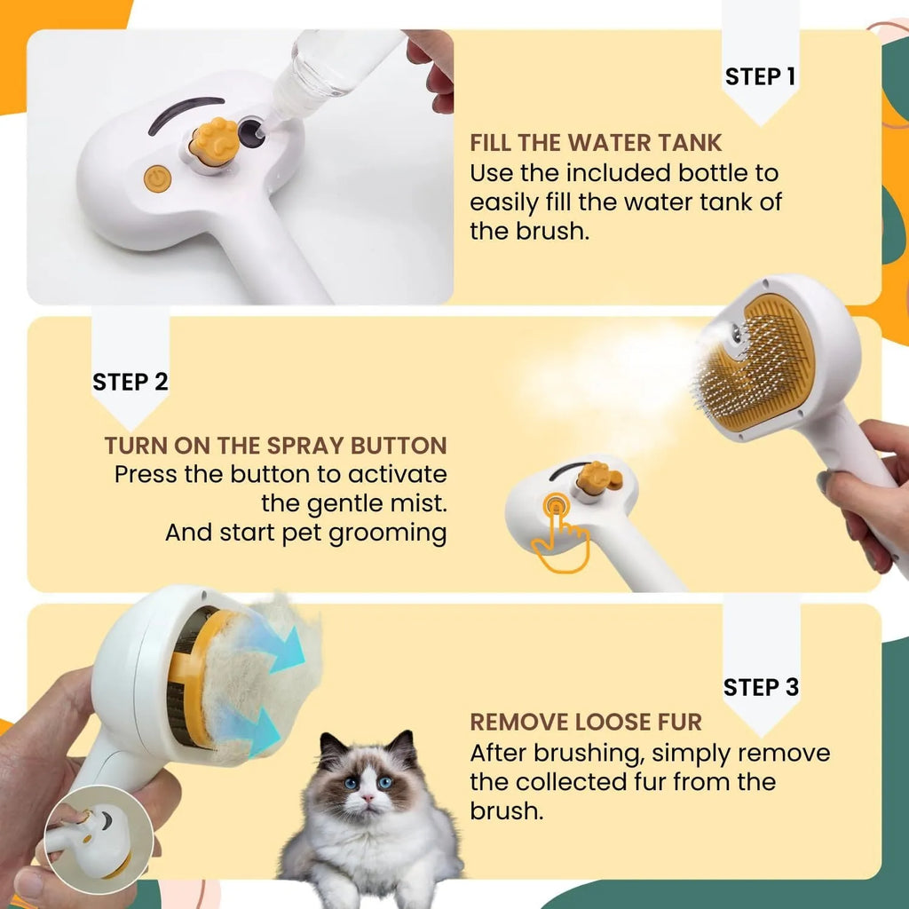 White pet grooming brush with water tank and gentle steel teeth for dogs and cats.