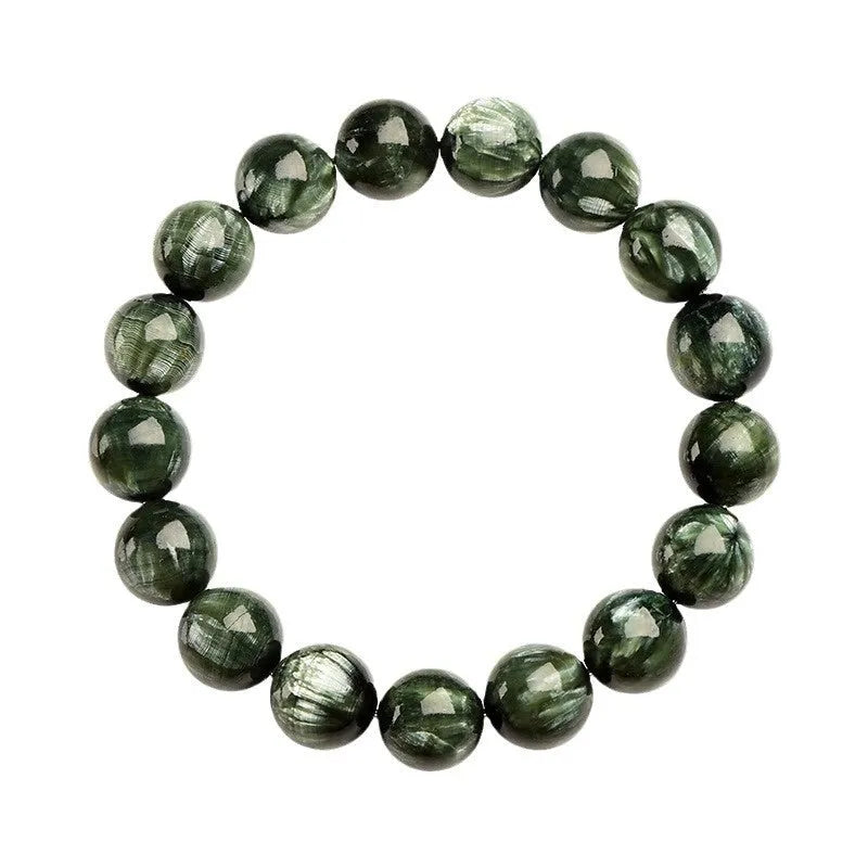 Natural Green Dragon Crystal round bead bracelet with 8-9mm beads and geometric Ruyi design