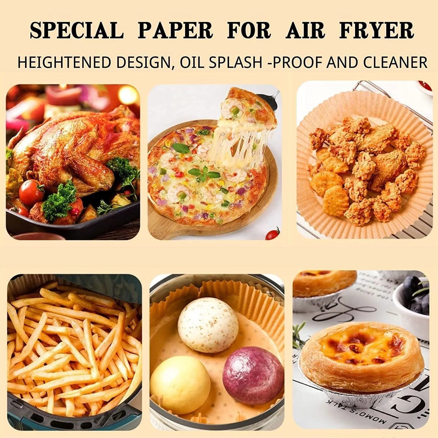 Round disposable paper liners for air fryers with 4.5cm high edges in white parchment colour