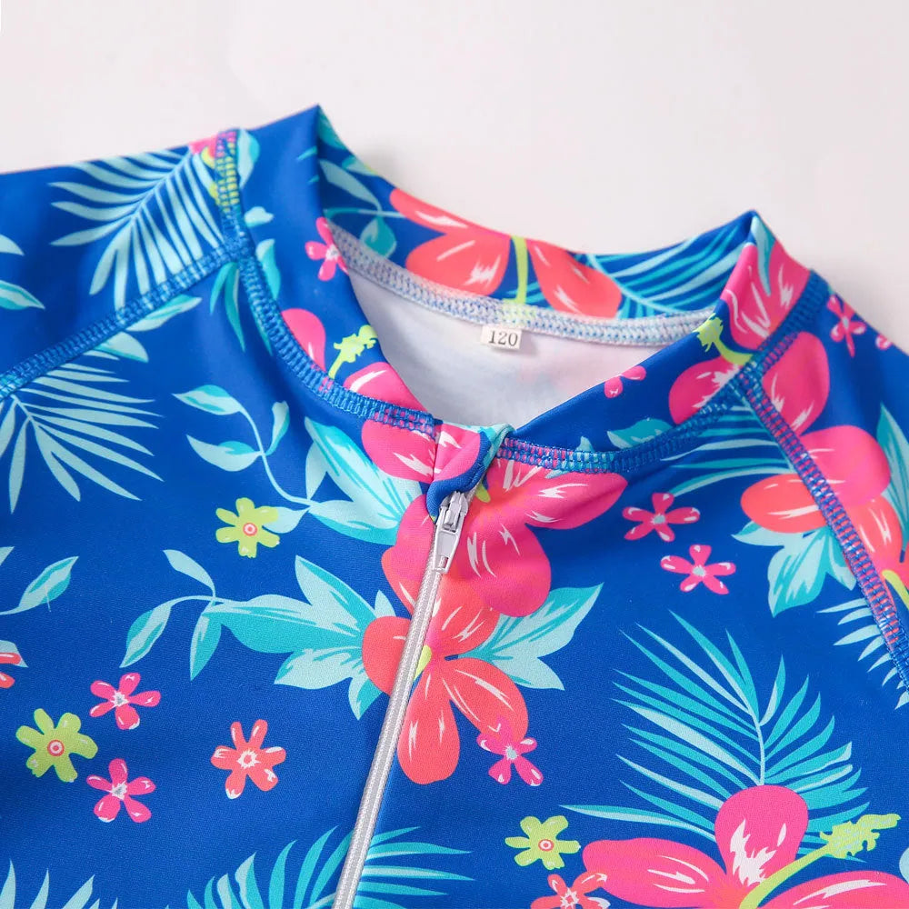 Girl's long-sleeve one-piece swimming suit in polyester briefs style