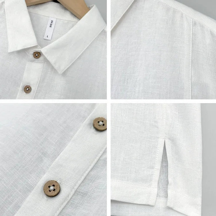 Men's loose grey green linen summer top with thin lapels and short sleeves