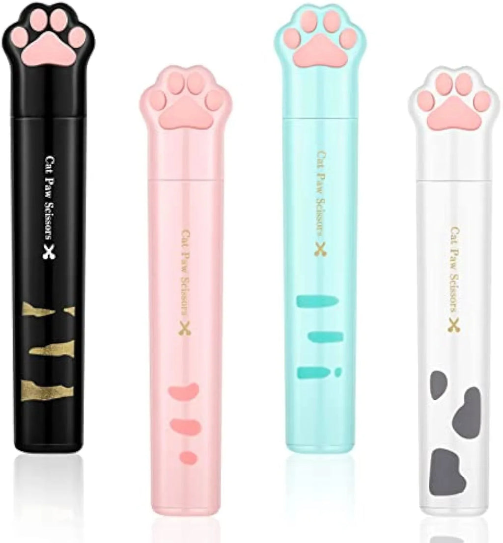 Set of four mini folding scissors with cat paw handles in pink, white, black, and blue colours, shown closed.