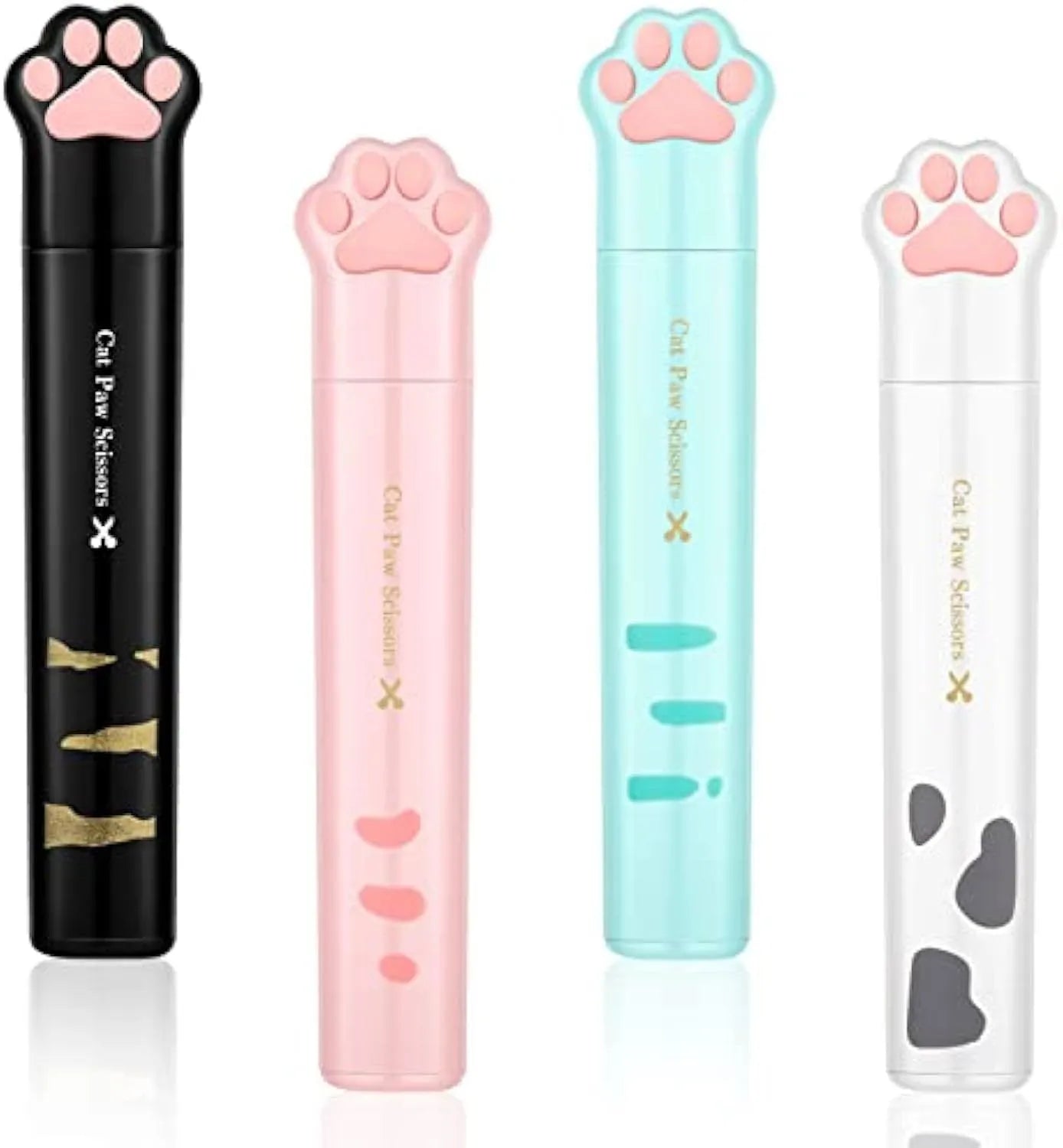 Set of four mini folding scissors with cat paw handles in pink, white, black, and blue colours, shown closed.