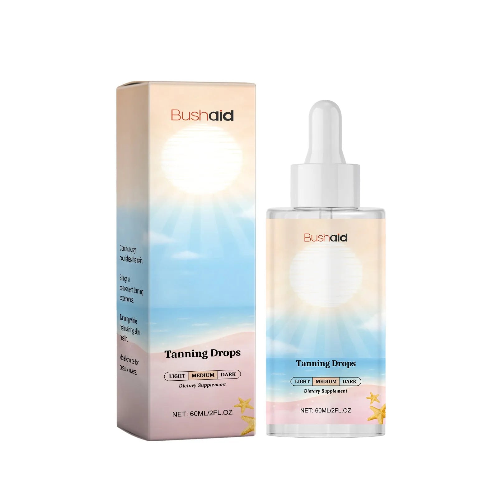 60ml No Sunlight Tanning Drops bottle for gradual sunless body tanning