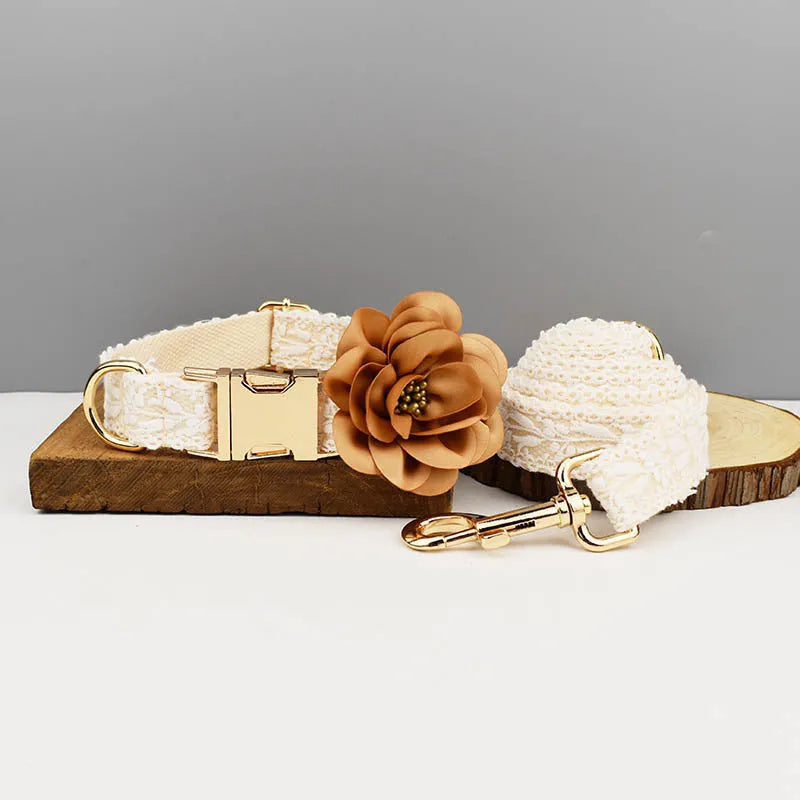 White pet wedding vest collar with lace leaf decoration and matching leash set with flower accessory